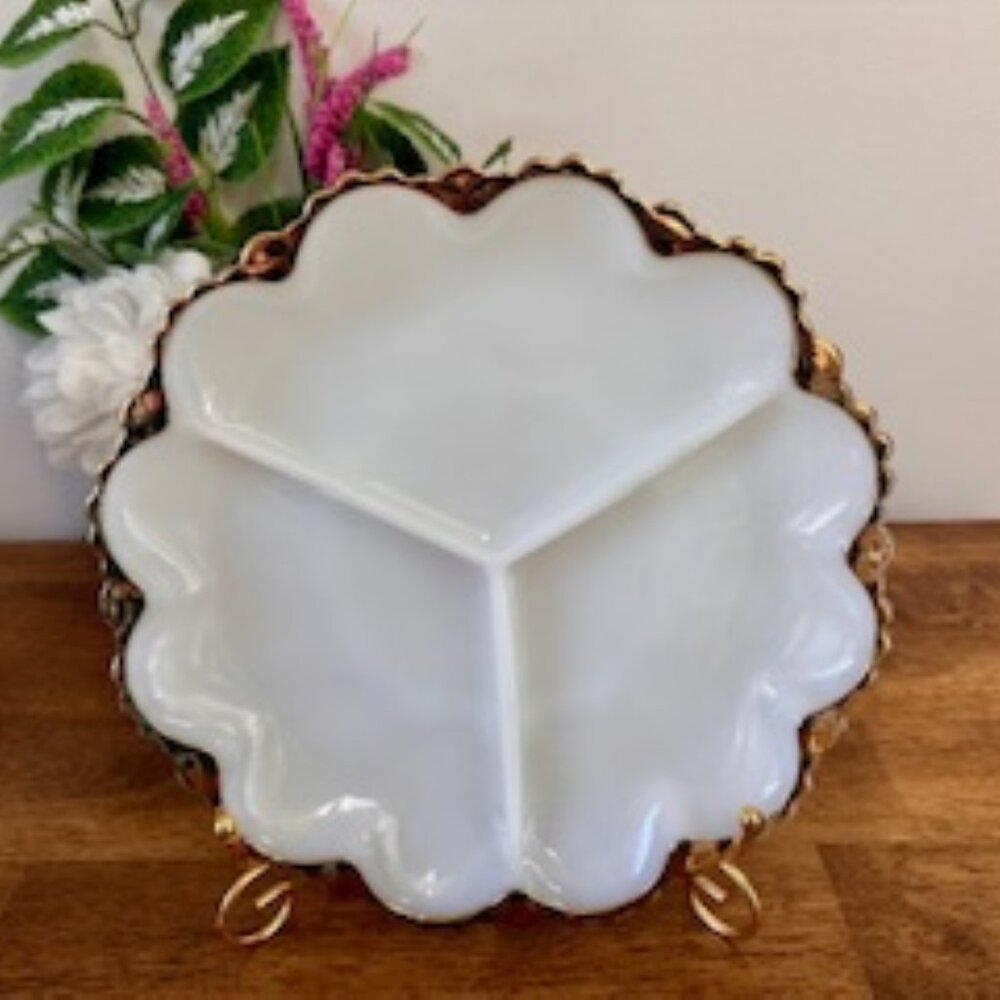Milk Glass Divided Dish‎ Gold Trimmed Scalloped Edge Vintage Midcentury Serving